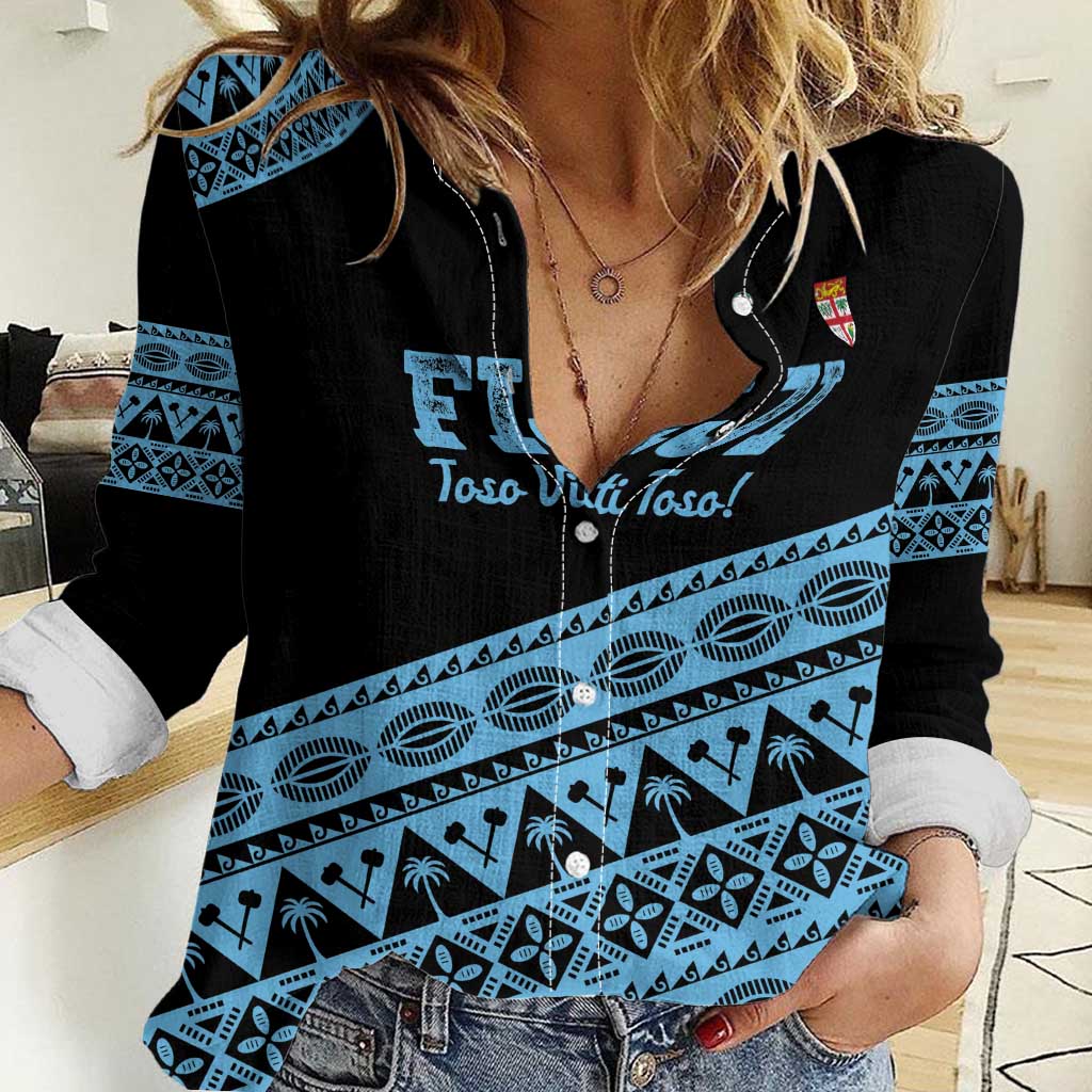 Fiji Rugby 2025 Custom Women Casual Shirt Fijian Tapa Toso Viti Toso - Black