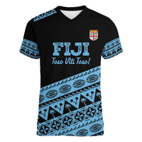 Fiji Rugby 2025 Custom Women V-Neck T-Shirt Fijian Tapa Toso Viti Toso - Black LT14 Female Black - Polynesian Pride