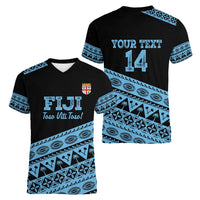Fiji Rugby 2025 Custom Women V-Neck T-Shirt Fijian Tapa Toso Viti Toso - Black LT14 - Polynesian Pride