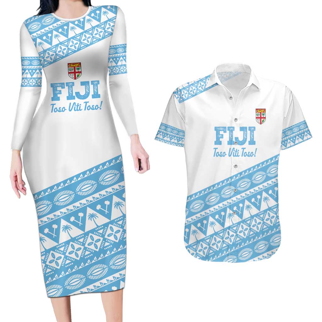 Fiji Rugby 2025 Custom Couples Matching Long Sleeve Bodycon Dress and Hawaiian Shirt Fijian Tapa Toso Viti Toso - White LT14 White - Polynesian Pride