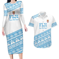 Fiji Rugby 2025 Custom Couples Matching Long Sleeve Bodycon Dress and Hawaiian Shirt Fijian Tapa Toso Viti Toso - White LT14 White - Polynesian Pride