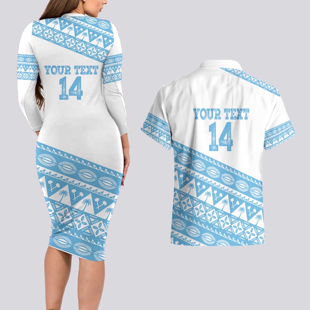 Fiji Rugby 2025 Custom Couples Matching Long Sleeve Bodycon Dress and Hawaiian Shirt Fijian Tapa Toso Viti Toso - White LT14 - Polynesian Pride