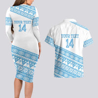 Fiji Rugby 2025 Custom Couples Matching Long Sleeve Bodycon Dress and Hawaiian Shirt Fijian Tapa Toso Viti Toso - White LT14 - Polynesian Pride