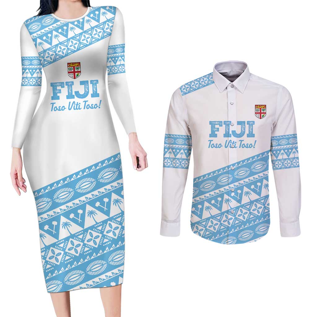 Fiji Rugby 2025 Custom Couples Matching Long Sleeve Bodycon Dress and Long Sleeve Button Shirt Fijian Tapa Toso Viti Toso - White LT14 White - Polynesian Pride