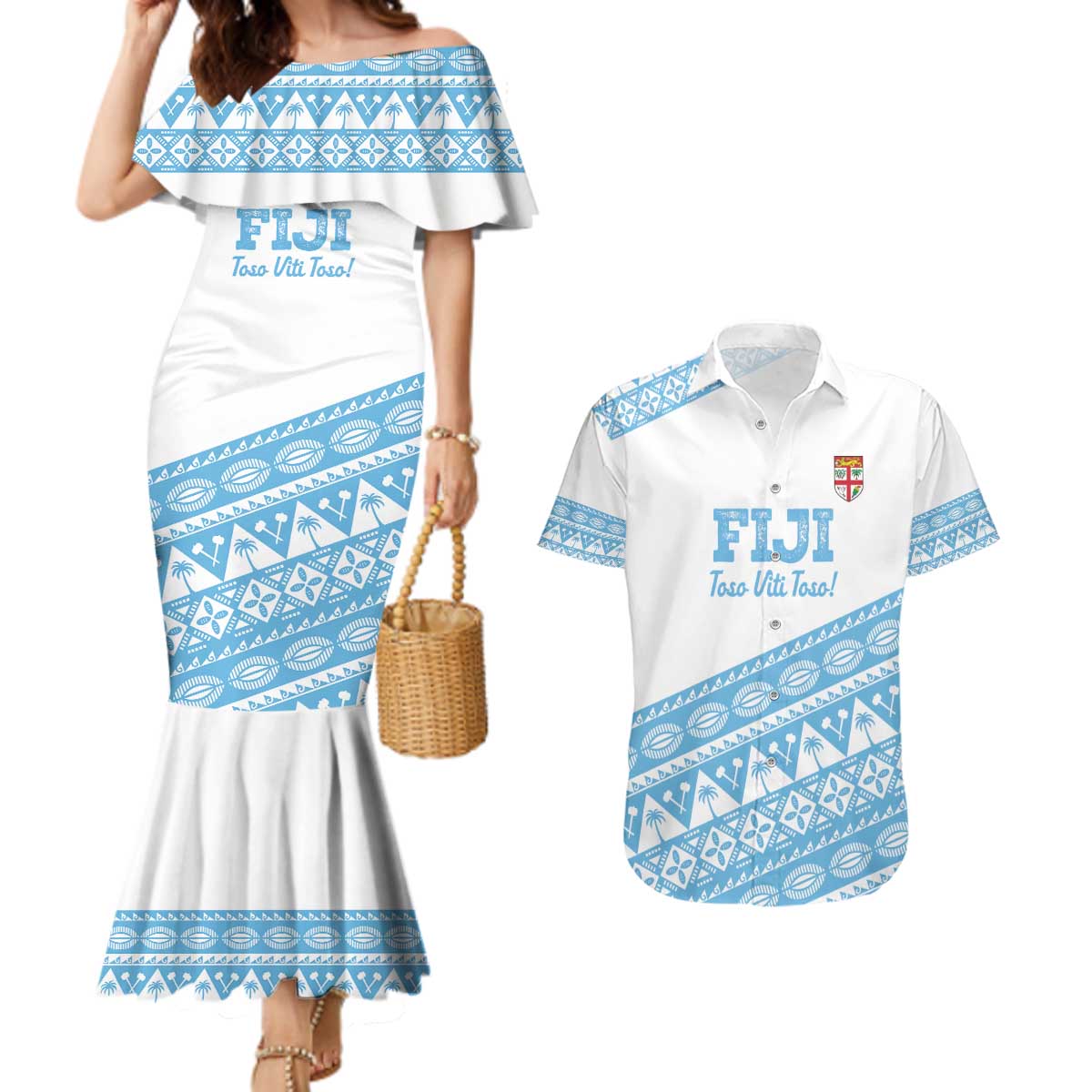 Fiji Rugby 2025 Custom Couples Matching Mermaid Dress and Hawaiian Shirt Fijian Tapa Toso Viti Toso - White LT14 White - Polynesian Pride