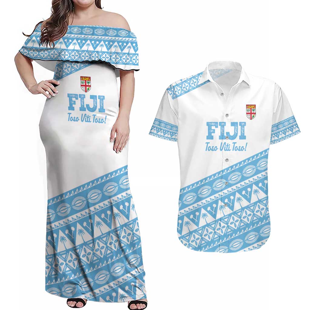 Fiji Rugby 2025 Custom Couples Matching Off Shoulder Maxi Dress and Hawaiian Shirt Fijian Tapa Toso Viti Toso - White LT14 White - Polynesian Pride