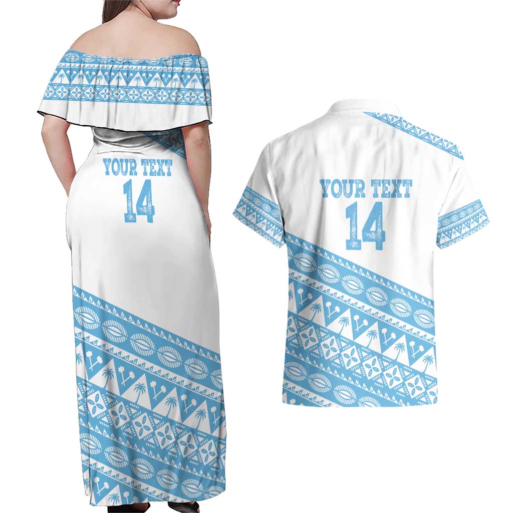 Fiji Rugby 2025 Custom Couples Matching Off Shoulder Maxi Dress and Hawaiian Shirt Fijian Tapa Toso Viti Toso - White LT14 - Polynesian Pride