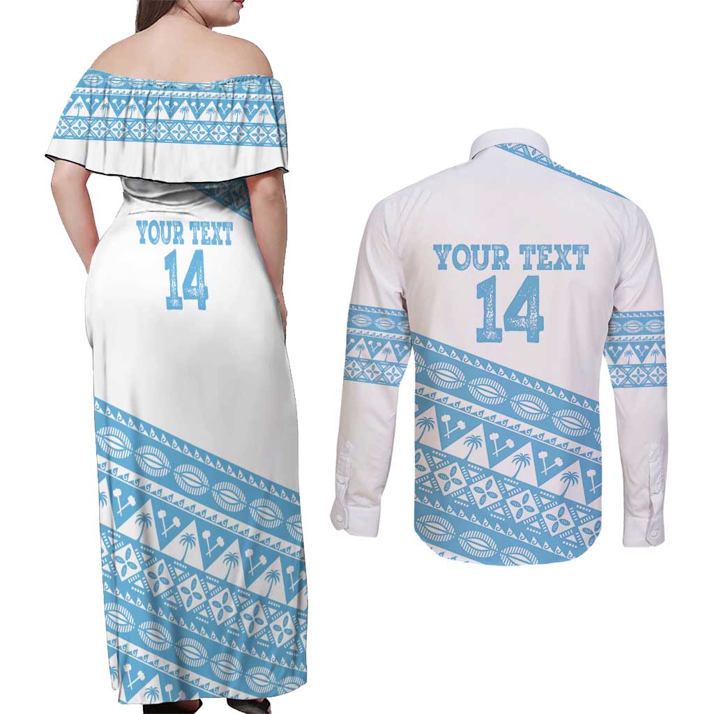 Fiji Rugby 2025 Custom Couples Matching Off Shoulder Maxi Dress and Long Sleeve Button Shirt Fijian Tapa Toso Viti Toso - White LT14 - Polynesian Pride
