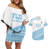 Fiji Rugby 2025 Custom Couples Matching Off Shoulder Short Dress and Hawaiian Shirt Fijian Tapa Toso Viti Toso - White LT14 White - Polynesian Pride