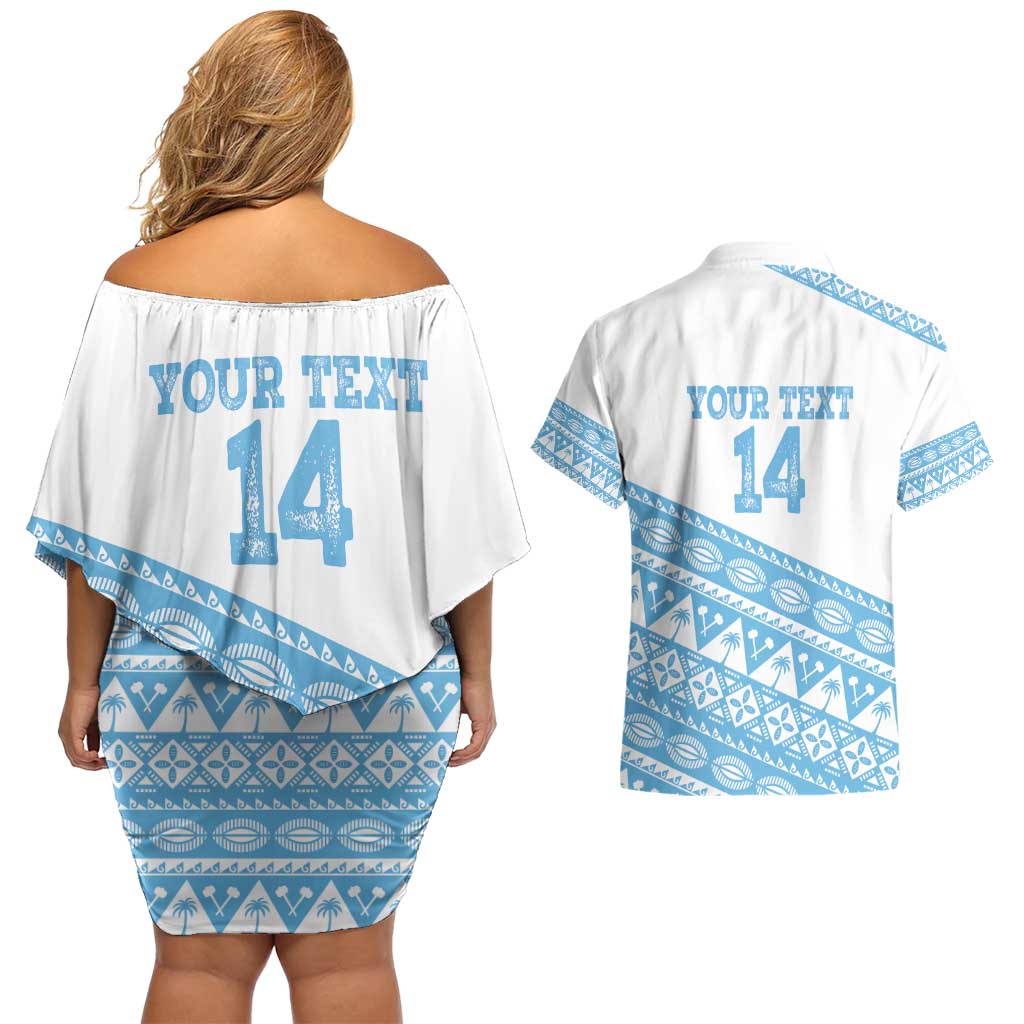 Fiji Rugby 2025 Custom Couples Matching Off Shoulder Short Dress and Hawaiian Shirt Fijian Tapa Toso Viti Toso - White LT14 - Polynesian Pride
