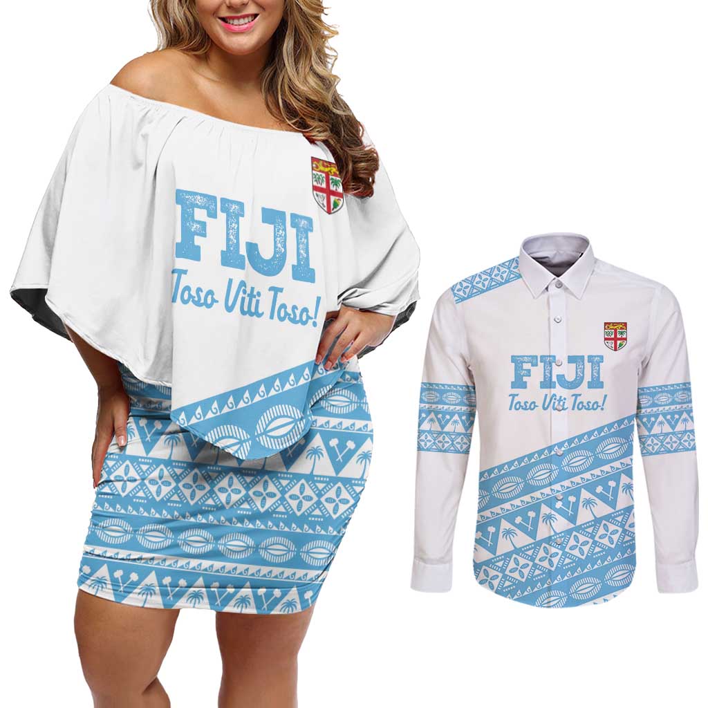 Fiji Rugby 2025 Custom Couples Matching Off Shoulder Short Dress and Long Sleeve Button Shirt Fijian Tapa Toso Viti Toso - White LT14 White - Polynesian Pride