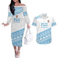 Fiji Rugby 2025 Custom Couples Matching Off The Shoulder Long Sleeve Dress and Hawaiian Shirt Fijian Tapa Toso Viti Toso - White LT14 White - Polynesian Pride