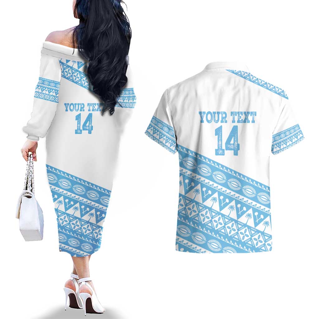 Fiji Rugby 2025 Custom Couples Matching Off The Shoulder Long Sleeve Dress and Hawaiian Shirt Fijian Tapa Toso Viti Toso - White LT14 - Polynesian Pride
