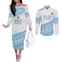 Fiji Rugby 2025 Custom Couples Matching Off The Shoulder Long Sleeve Dress and Long Sleeve Button Shirt Fijian Tapa Toso Viti Toso - White LT14 White - Polynesian Pride
