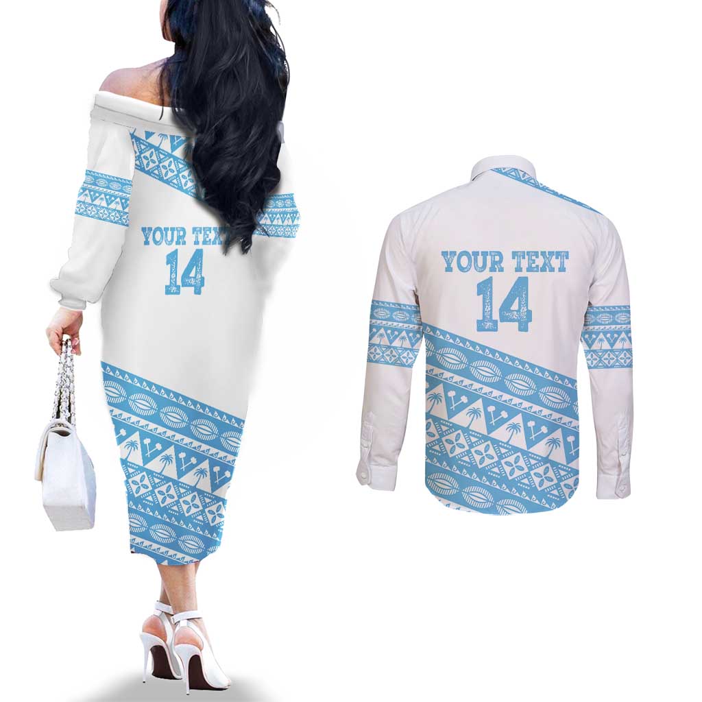 Fiji Rugby 2025 Custom Couples Matching Off The Shoulder Long Sleeve Dress and Long Sleeve Button Shirt Fijian Tapa Toso Viti Toso - White LT14 - Polynesian Pride