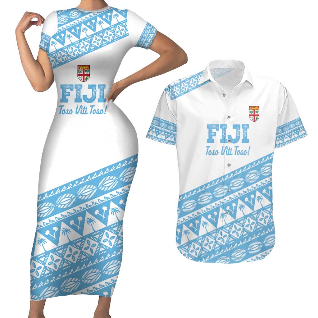 Fiji Rugby 2025 Custom Couples Matching Short Sleeve Bodycon Dress and Hawaiian Shirt Fijian Tapa Toso Viti Toso - White LT14 White - Polynesian Pride