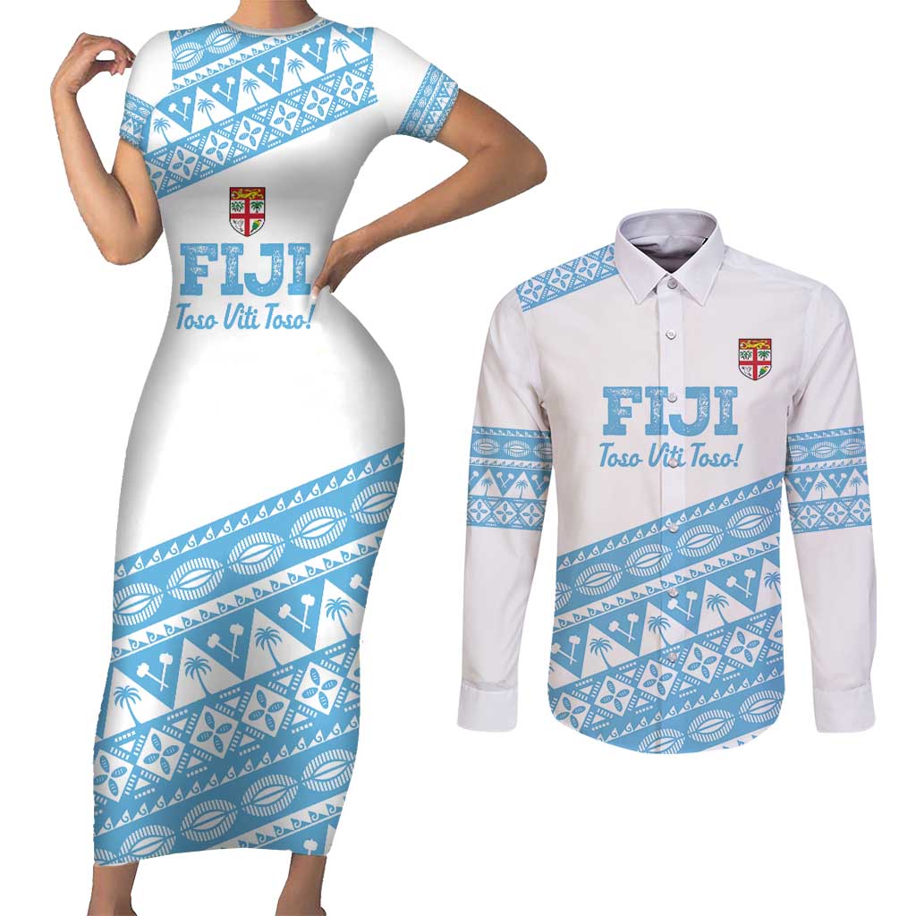 Fiji Rugby 2025 Custom Couples Matching Short Sleeve Bodycon Dress and Long Sleeve Button Shirt Fijian Tapa Toso Viti Toso - White LT14 White - Polynesian Pride