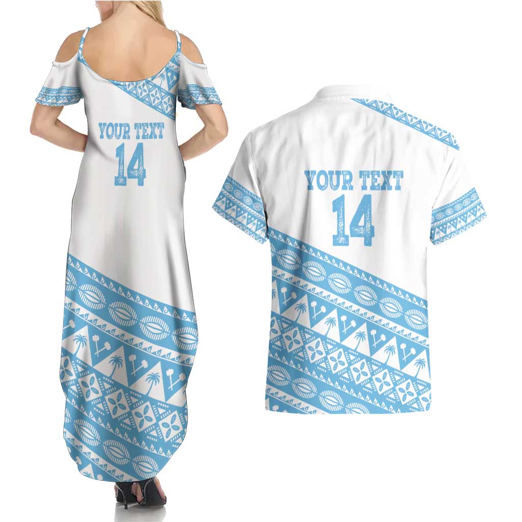 Fiji Rugby 2025 Custom Couples Matching Summer Maxi Dress and Hawaiian Shirt Fijian Tapa Toso Viti Toso - White LT14 - Polynesian Pride