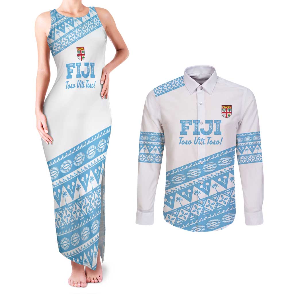 Fiji Rugby 2025 Custom Couples Matching Tank Maxi Dress and Long Sleeve Button Shirt Fijian Tapa Toso Viti Toso - White LT14 White - Polynesian Pride