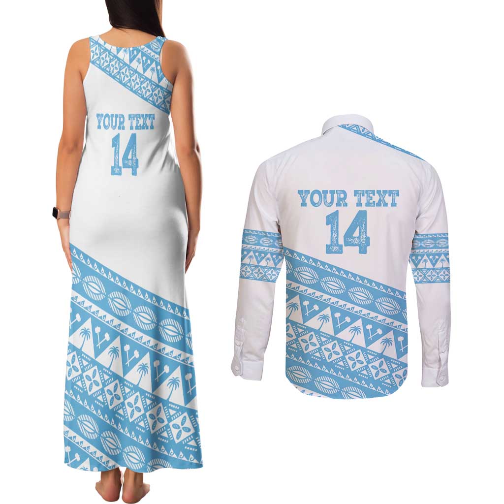Fiji Rugby 2025 Custom Couples Matching Tank Maxi Dress and Long Sleeve Button Shirt Fijian Tapa Toso Viti Toso - White LT14 - Polynesian Pride