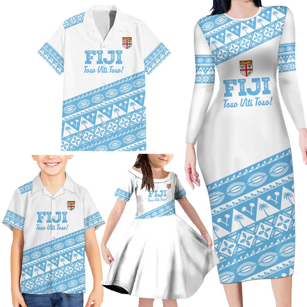 Fiji Rugby 2025 Custom Family Matching Long Sleeve Bodycon Dress and Hawaiian Shirt Fijian Tapa Toso Viti Toso - White LT14 - Polynesian Pride