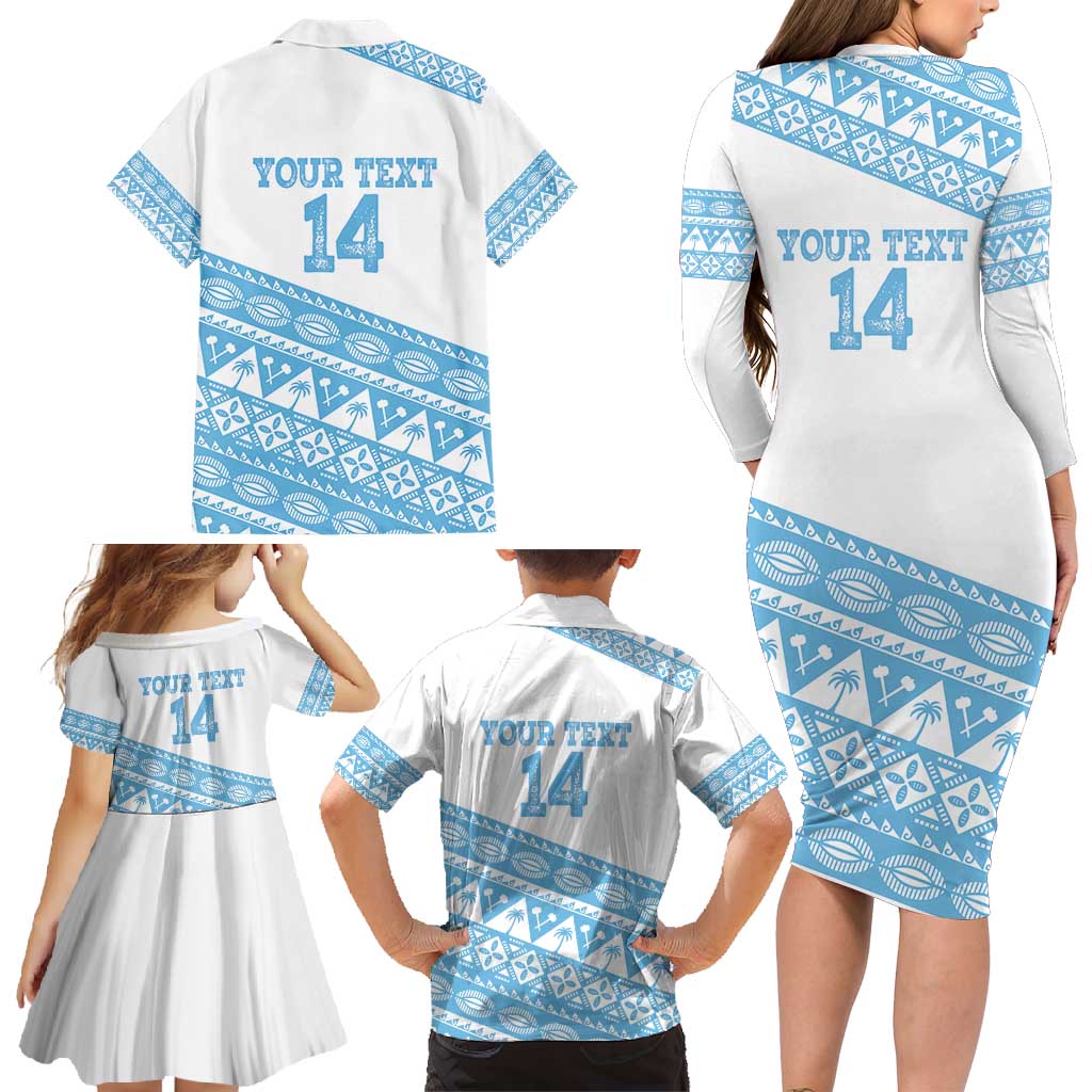 Fiji Rugby 2025 Custom Family Matching Long Sleeve Bodycon Dress and Hawaiian Shirt Fijian Tapa Toso Viti Toso - White LT14 - Polynesian Pride