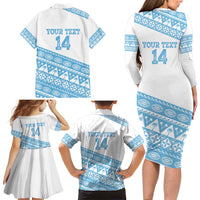 Fiji Rugby 2025 Custom Family Matching Long Sleeve Bodycon Dress and Hawaiian Shirt Fijian Tapa Toso Viti Toso - White LT14 - Polynesian Pride