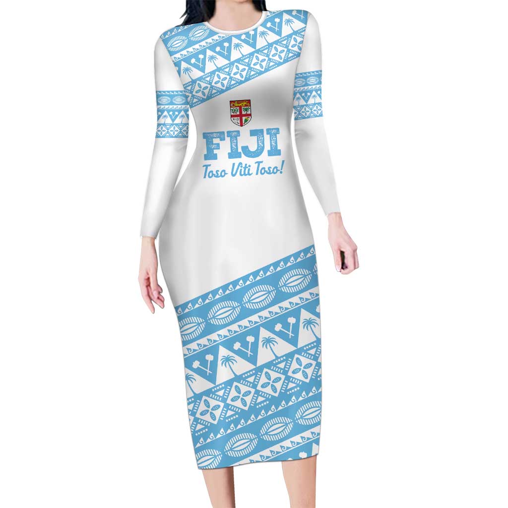 Fiji Rugby 2025 Custom Family Matching Long Sleeve Bodycon Dress and Hawaiian Shirt Fijian Tapa Toso Viti Toso - White LT14 Mom's Dress White - Polynesian Pride