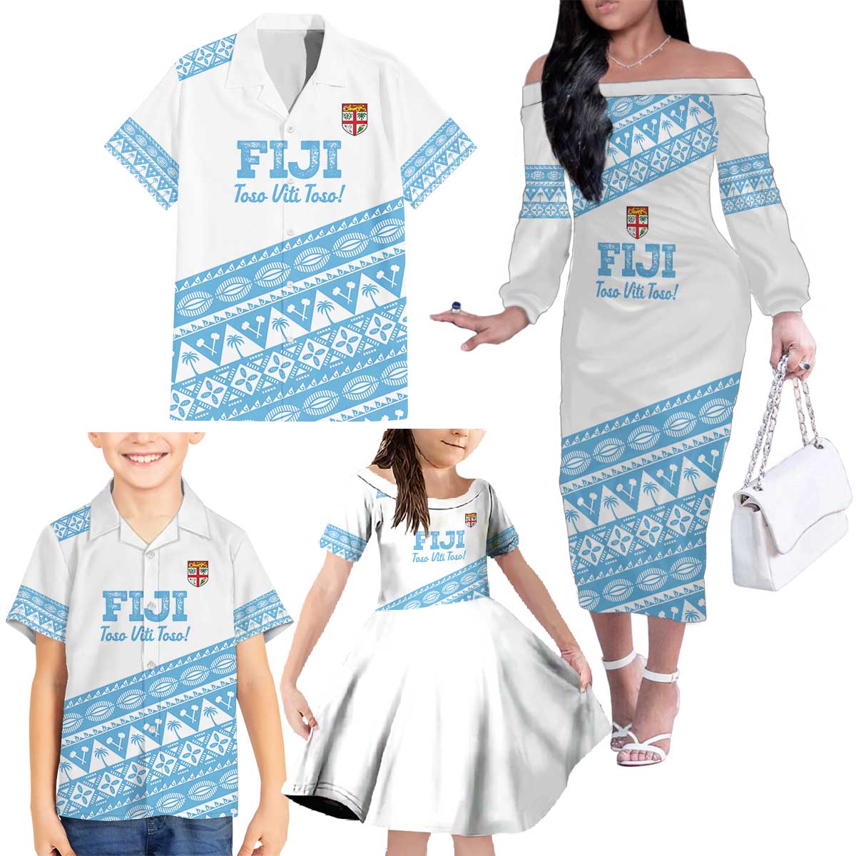 Fiji Rugby 2025 Custom Family Matching Off The Shoulder Long Sleeve Dress and Hawaiian Shirt Fijian Tapa Toso Viti Toso - White LT14 - Polynesian Pride
