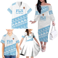 Fiji Rugby 2025 Custom Family Matching Off The Shoulder Long Sleeve Dress and Hawaiian Shirt Fijian Tapa Toso Viti Toso - White LT14 - Polynesian Pride