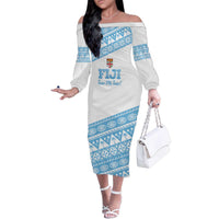 Fiji Rugby 2025 Custom Family Matching Off The Shoulder Long Sleeve Dress and Hawaiian Shirt Fijian Tapa Toso Viti Toso - White LT14 Mom's Dress White - Polynesian Pride