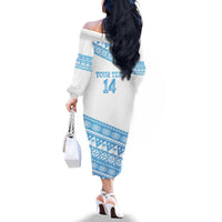 Fiji Rugby 2025 Custom Family Matching Off The Shoulder Long Sleeve Dress and Hawaiian Shirt Fijian Tapa Toso Viti Toso - White LT14 - Polynesian Pride