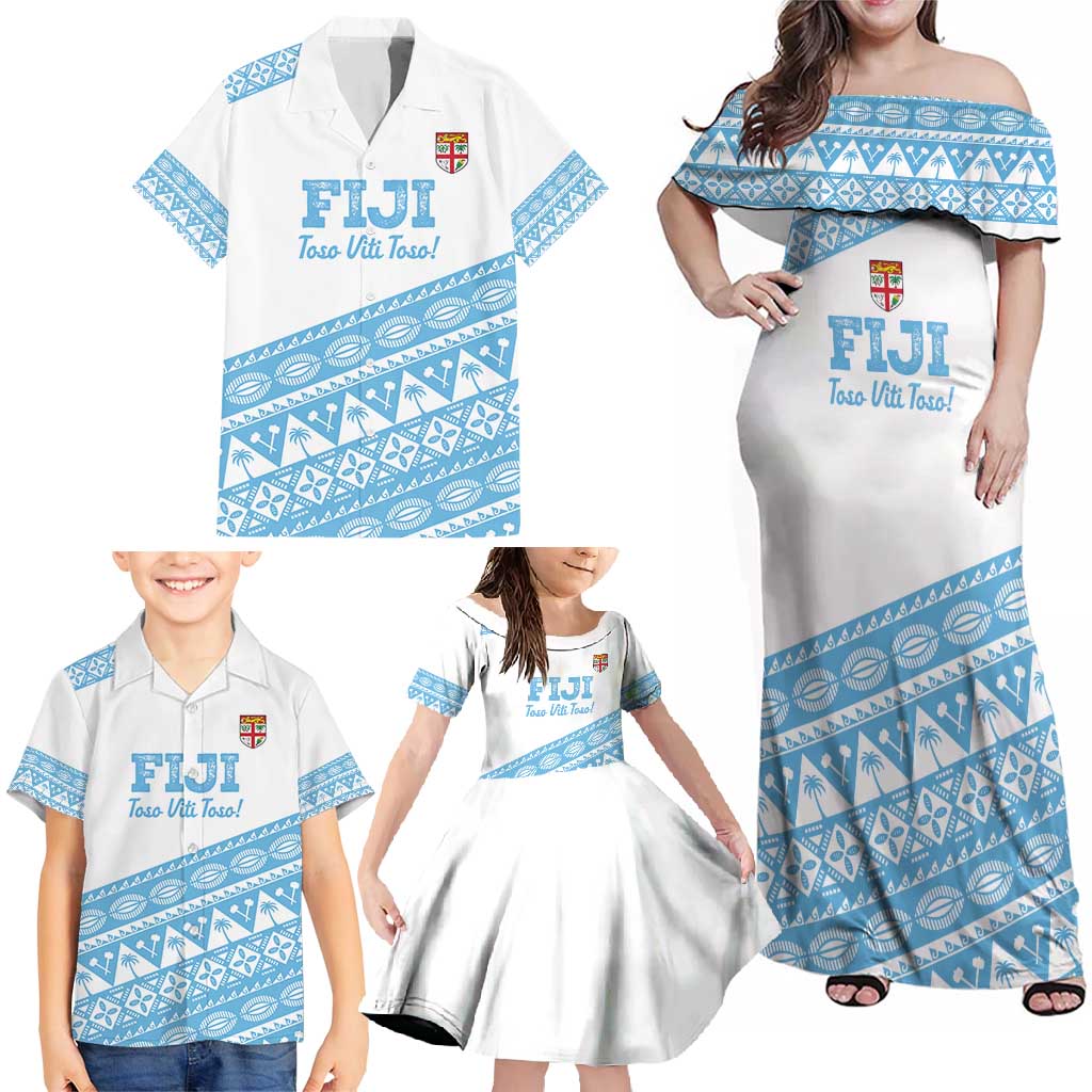 Fiji Rugby 2025 Custom Family Matching Off Shoulder Maxi Dress and Hawaiian Shirt Fijian Tapa Toso Viti Toso - White