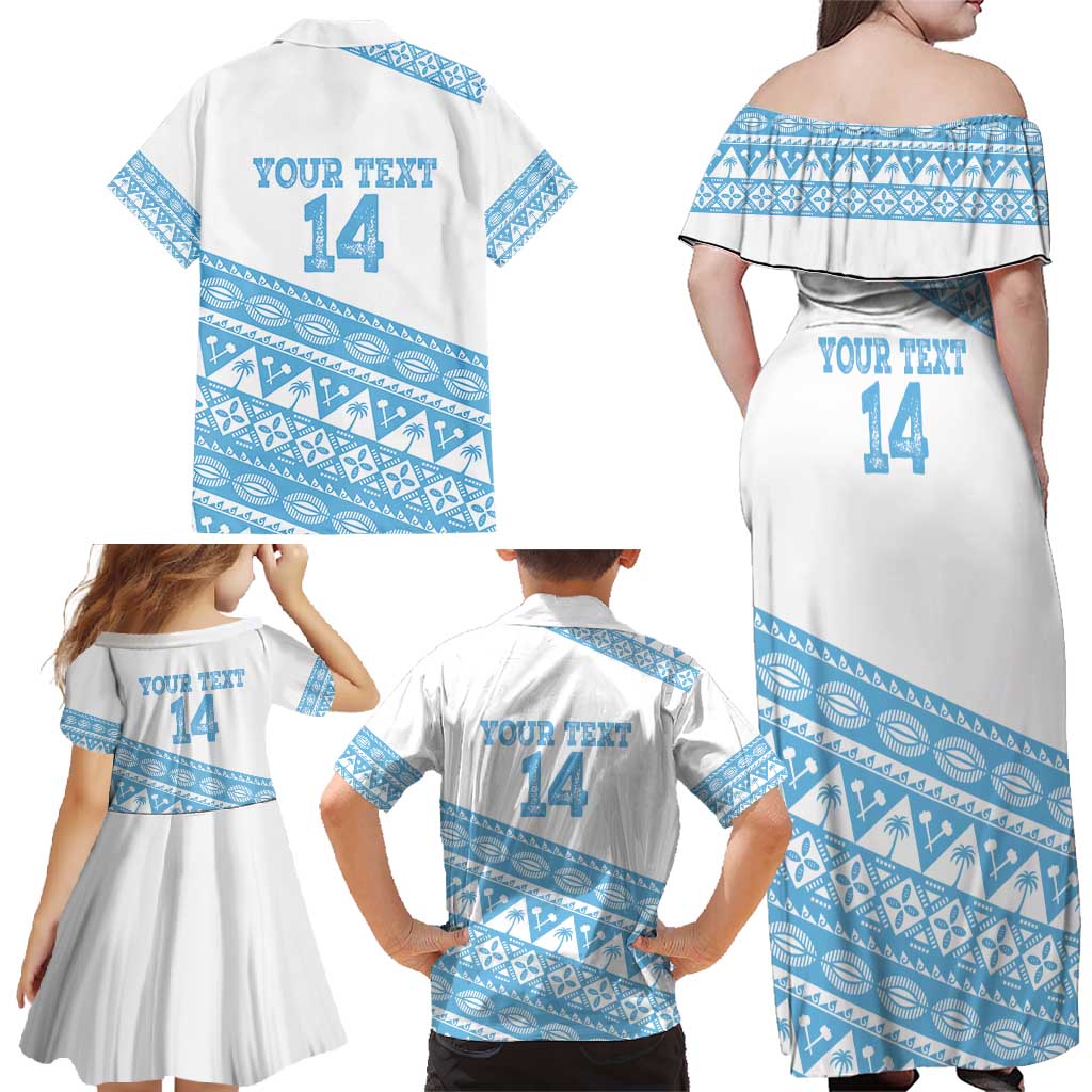 Fiji Rugby 2025 Custom Family Matching Off Shoulder Maxi Dress and Hawaiian Shirt Fijian Tapa Toso Viti Toso - White LT14 - Polynesian Pride