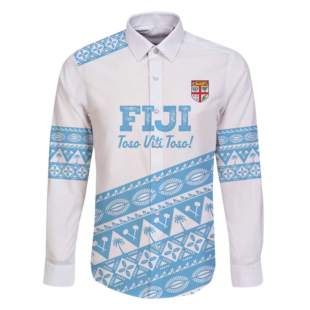 Fiji Rugby 2025 Custom Family Matching Off Shoulder Maxi Dress and Hawaiian Shirt Fijian Tapa Toso Viti Toso - White LT14 Dad's Shirt - Long Sleeve White - Polynesian Pride