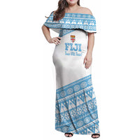 Fiji Rugby 2025 Custom Family Matching Off Shoulder Maxi Dress and Hawaiian Shirt Fijian Tapa Toso Viti Toso - White LT14 Mom's Dress White - Polynesian Pride