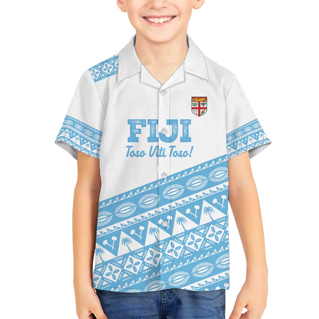 Fiji Rugby 2025 Custom Family Matching Off Shoulder Maxi Dress and Hawaiian Shirt Fijian Tapa Toso Viti Toso - White LT14 Son's Shirt White - Polynesian Pride