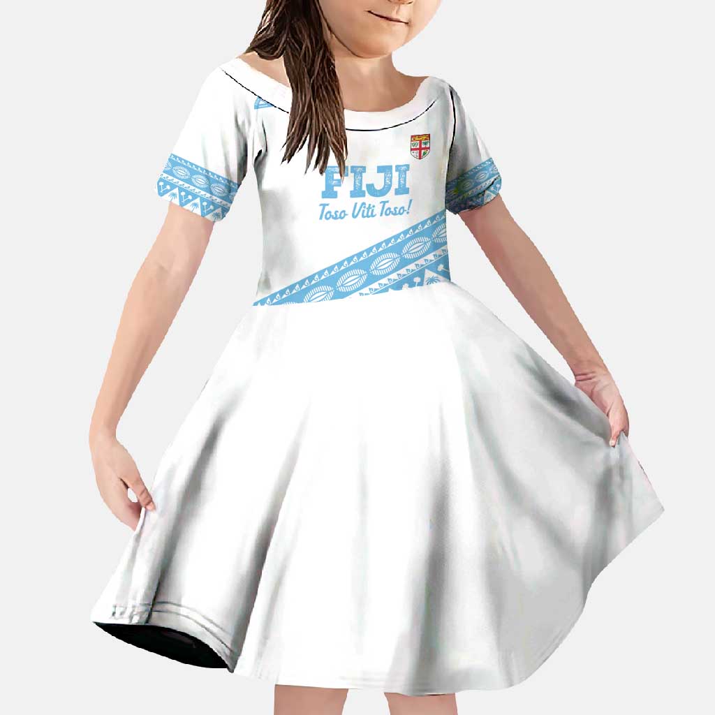 Fiji Rugby 2025 Custom Family Matching Short Sleeve Bodycon Dress and Hawaiian Shirt Fijian Tapa Toso Viti Toso - White LT14 Daughter's Dress White - Polynesian Pride