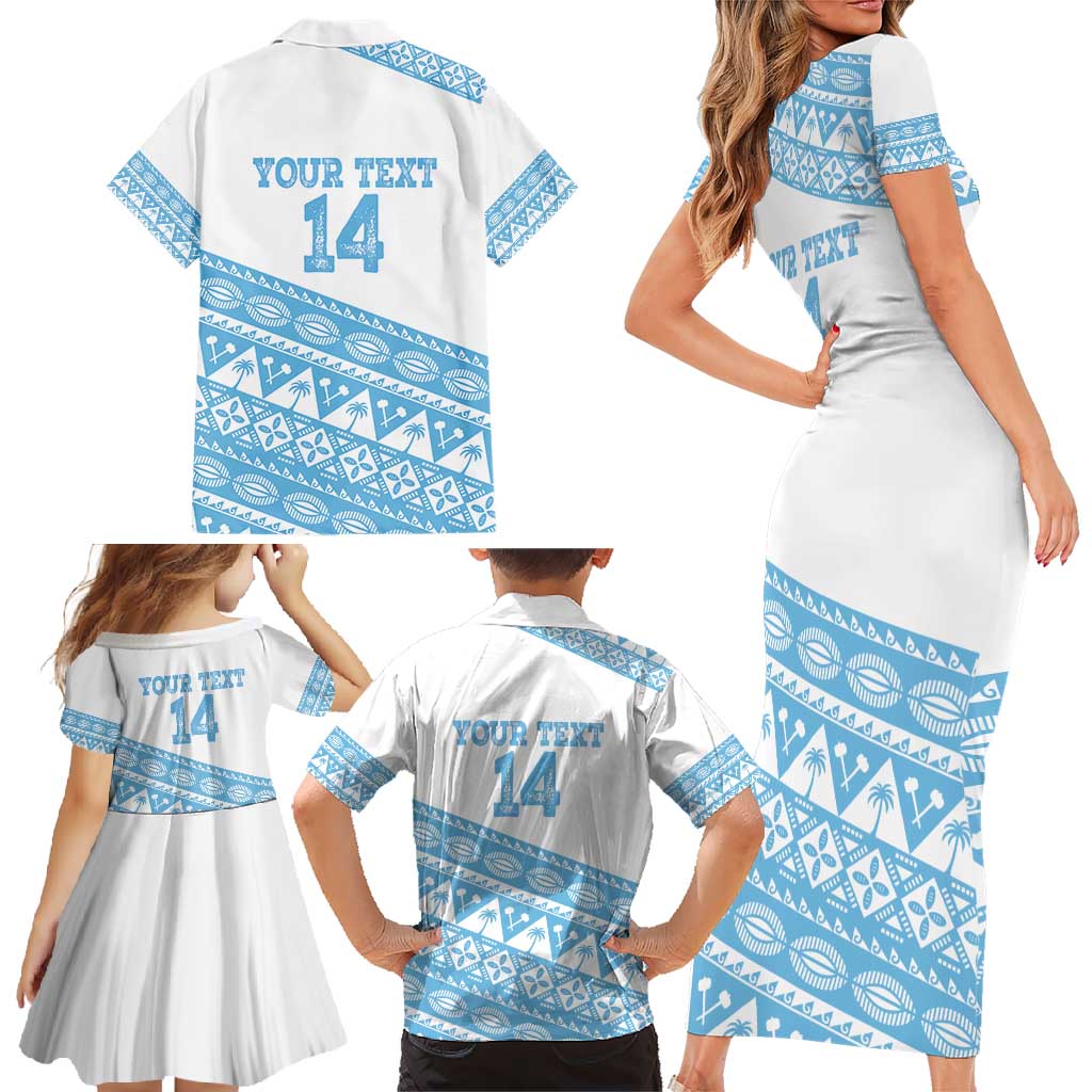 Fiji Rugby 2025 Custom Family Matching Short Sleeve Bodycon Dress and Hawaiian Shirt Fijian Tapa Toso Viti Toso - White LT14 - Polynesian Pride