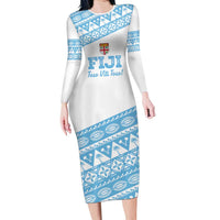 Fiji Rugby 2025 Custom Long Sleeve Bodycon Dress Fijian Tapa Toso Viti Toso - White LT14 Long Dress White - Polynesian Pride