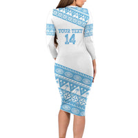 Fiji Rugby 2025 Custom Long Sleeve Bodycon Dress Fijian Tapa Toso Viti Toso - White LT14 - Polynesian Pride