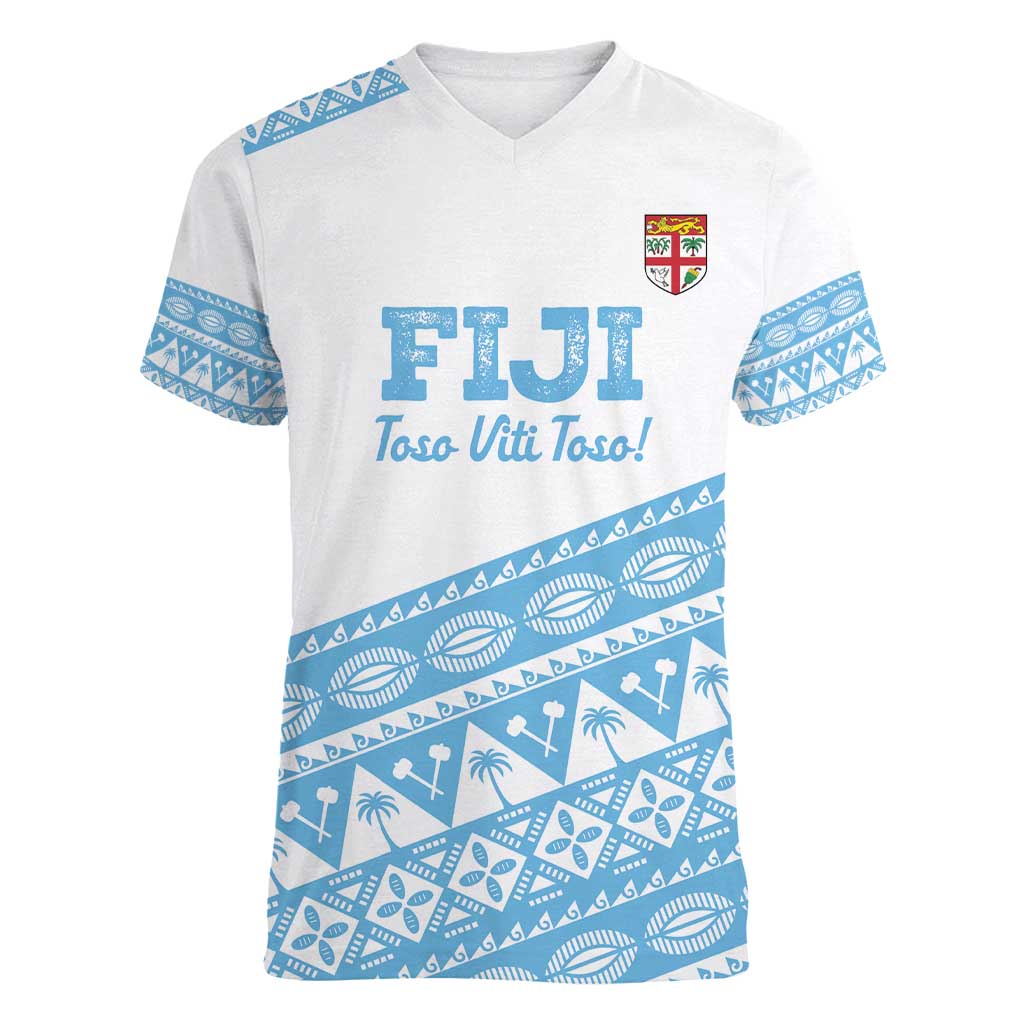 Fiji Rugby 2025 Custom Women V-Neck T-Shirt Fijian Tapa Toso Viti Toso - White LT14 Female White - Polynesian Pride