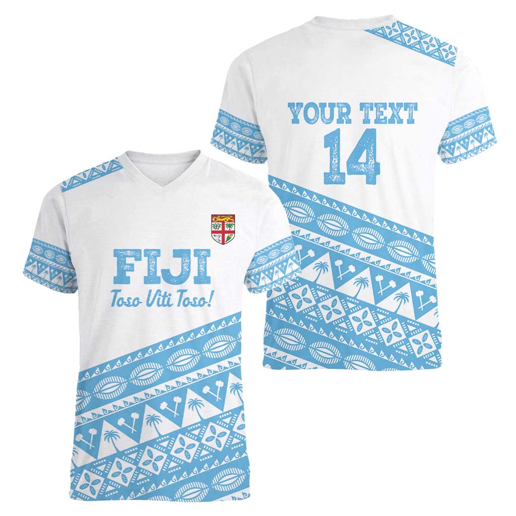 Fiji Rugby 2025 Custom Women V-Neck T-Shirt Fijian Tapa Toso Viti Toso - White LT14 - Polynesian Pride