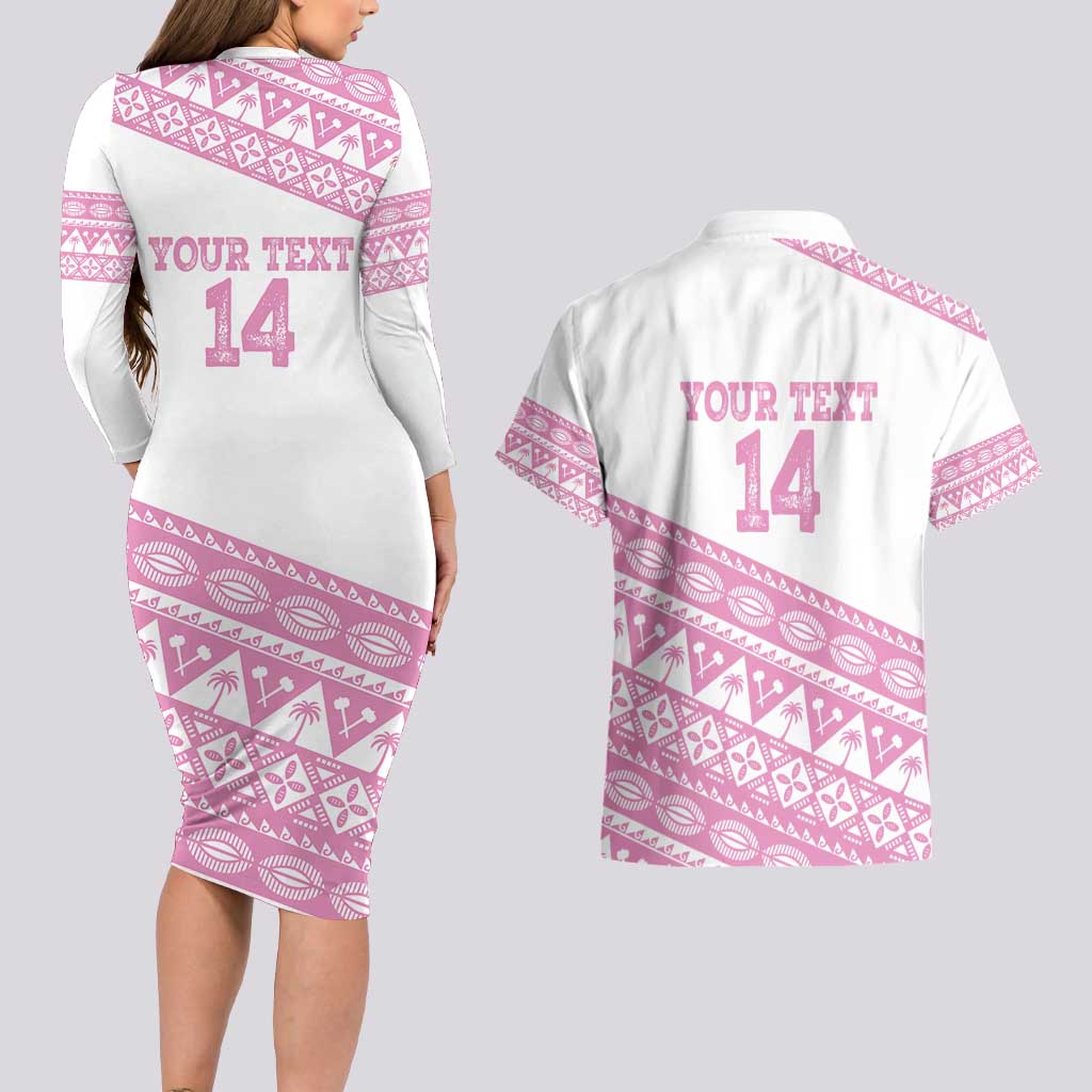 Fiji Rugby 2025 Custom Couples Matching Long Sleeve Bodycon Dress and Hawaiian Shirt Fijian Tapa Toso Viti Toso - Pink LT14 - Polynesian Pride