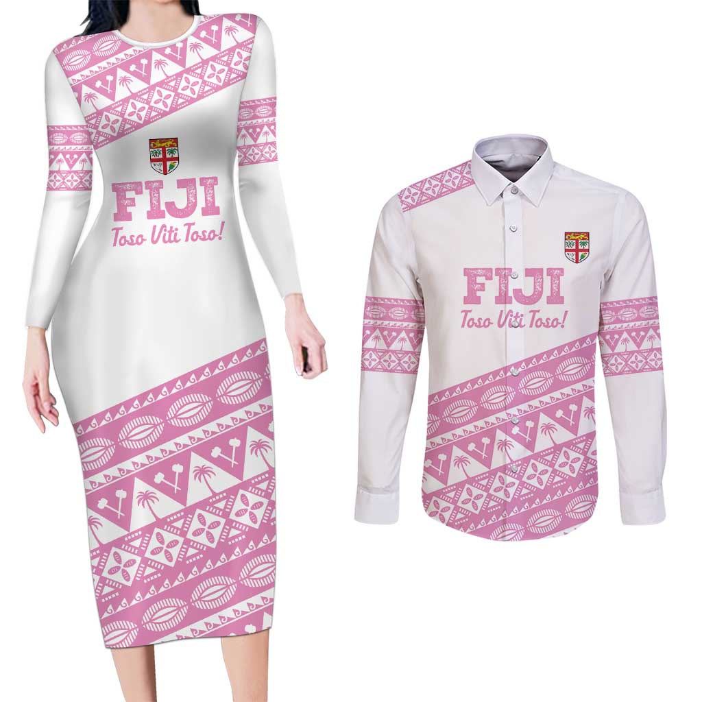 Fiji Rugby 2025 Custom Couples Matching Long Sleeve Bodycon Dress and Long Sleeve Button Shirt Fijian Tapa Toso Viti Toso - Pink LT14 Pink - Polynesian Pride