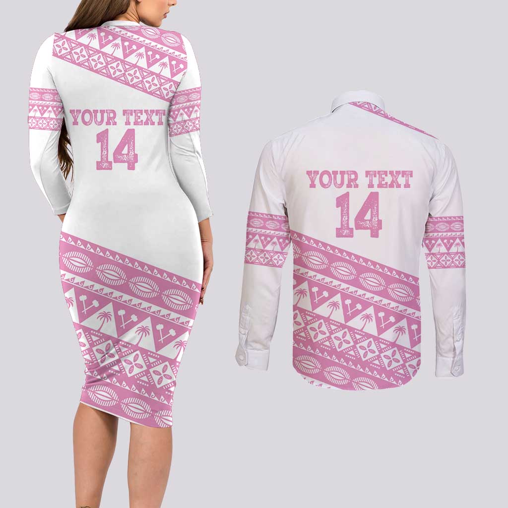 Fiji Rugby 2025 Custom Couples Matching Long Sleeve Bodycon Dress and Long Sleeve Button Shirt Fijian Tapa Toso Viti Toso - Pink LT14 - Polynesian Pride