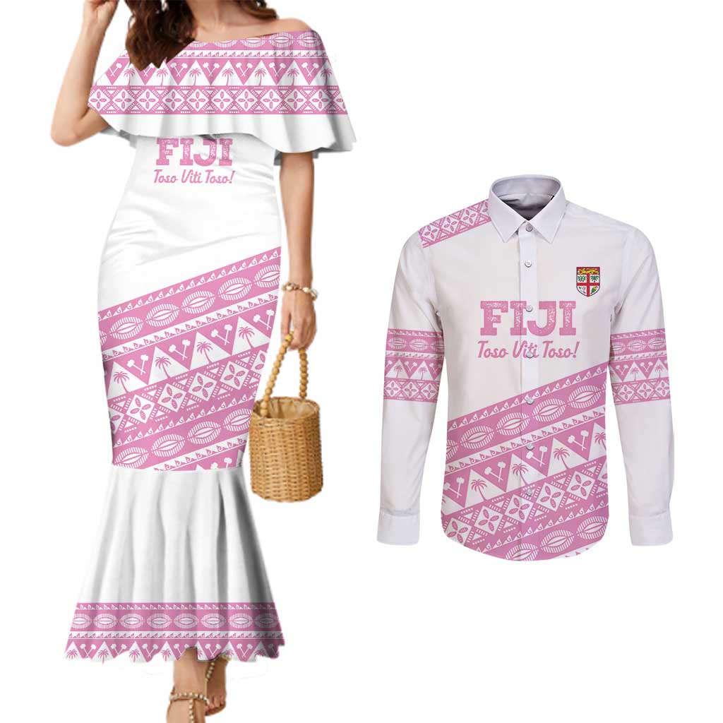 Fiji Rugby 2025 Custom Couples Matching Mermaid Dress and Long Sleeve Button Shirt Fijian Tapa Toso Viti Toso - Pink LT14 Pink - Polynesian Pride