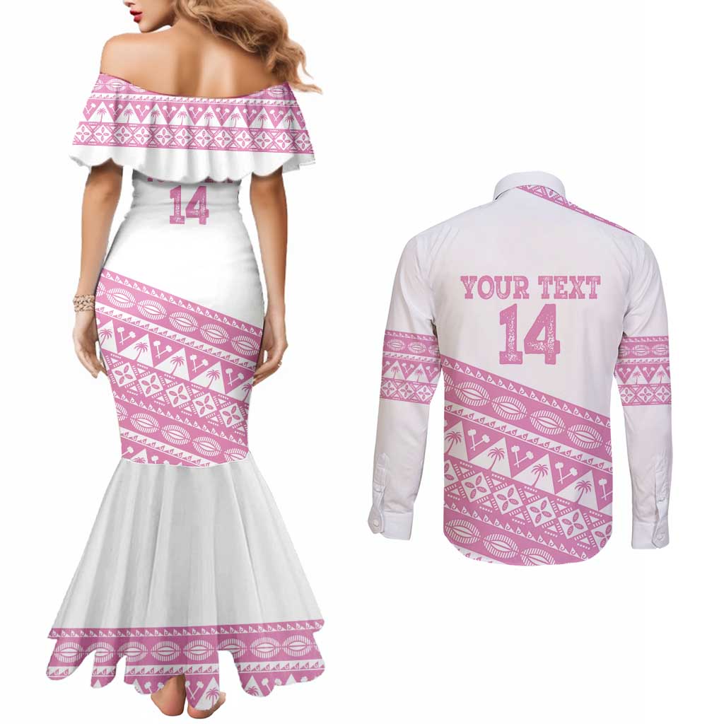 Fiji Rugby 2025 Custom Couples Matching Mermaid Dress and Long Sleeve Button Shirt Fijian Tapa Toso Viti Toso - Pink LT14 - Polynesian Pride