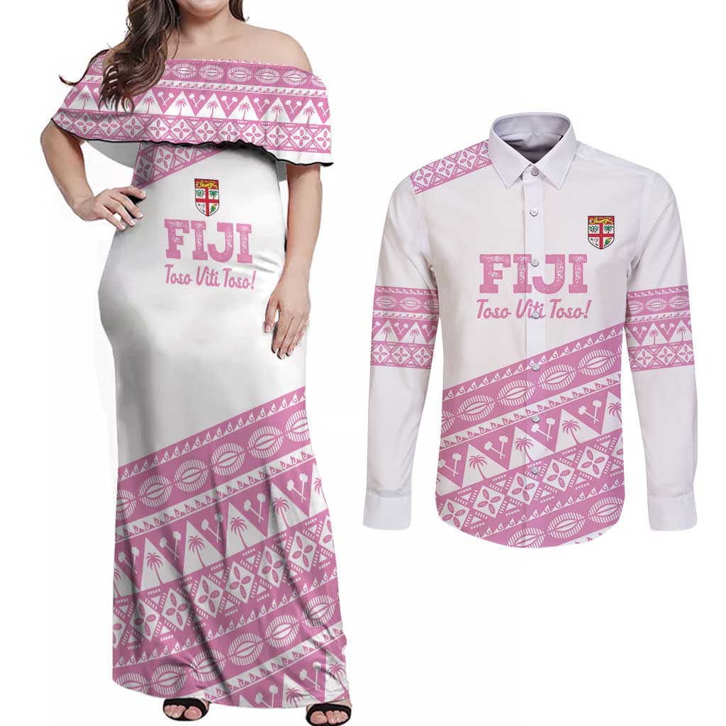 Fiji Rugby 2025 Custom Couples Matching Off Shoulder Maxi Dress and Long Sleeve Button Shirt Fijian Tapa Toso Viti Toso - Pink LT14 Pink - Polynesian Pride