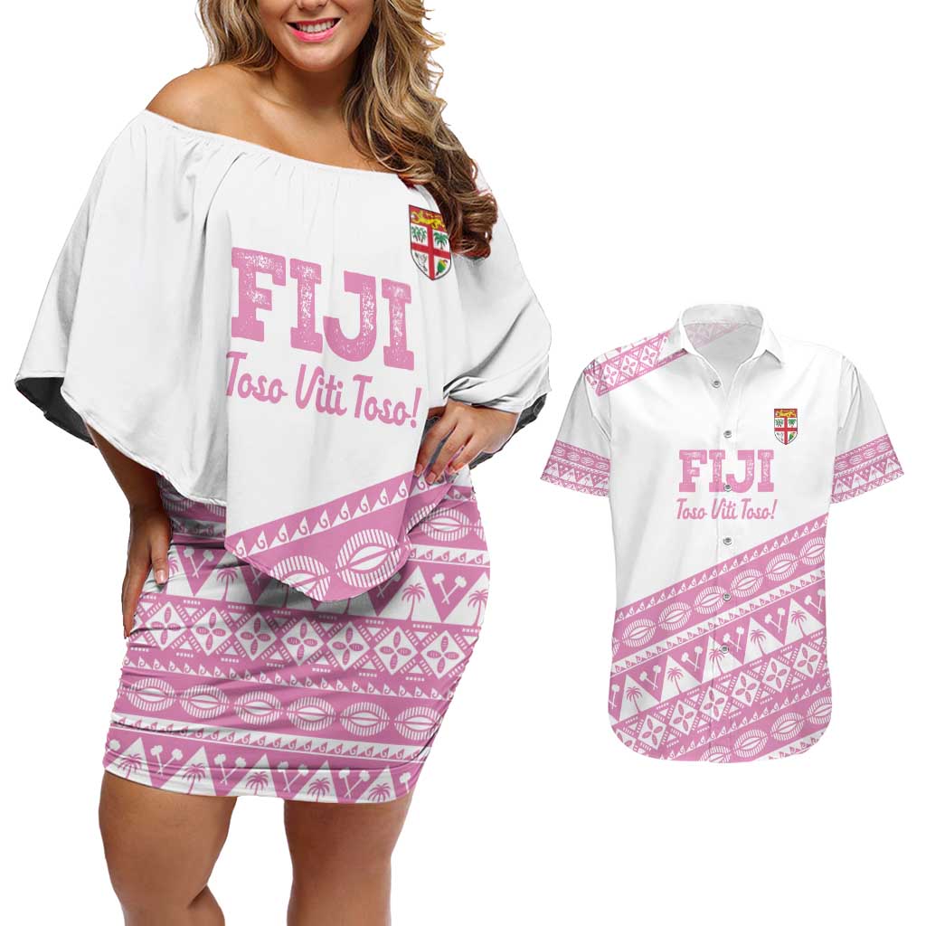 Fiji Rugby 2025 Custom Couples Matching Off Shoulder Short Dress and Hawaiian Shirt Fijian Tapa Toso Viti Toso - Pink LT14 Pink - Polynesian Pride